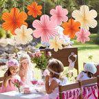 SUNBEAUTY Paper Flowers Decorations for Wall Paper Fans Classroom Decoration Paper Floral Backdrop Decor Paper Fans Decoration Hanging Paper Fans Orange Flower Wall Decor,Set of 9