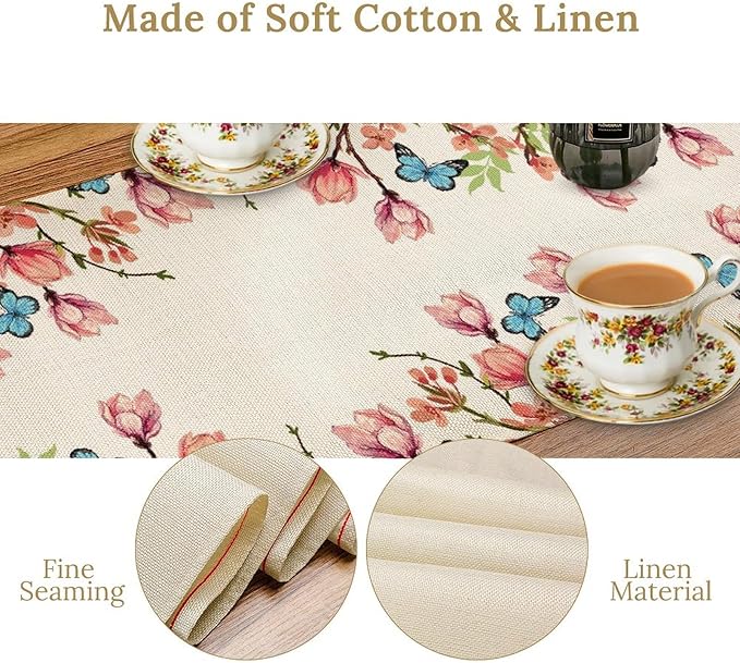Flowers Table Runner,Floral Bird Butterfly Spring Table Cloth Kitchen Dining Table Home Party Decoration 13x36 Inch