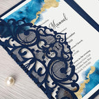 DORIS HOME 50PCS Laser Cut Wedding Invitations with Envelopes and RSVP Cards BLANK Inner With Gold Glitter Belly Band for Wedding Engagement Bridal Shower Party Invite 4.7x7 Inch Navy Blue