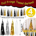 4P Black Gold Silver Foil Fringe Tassel Banner Garland Metallic Tinsel Streamers Wall Hanging Curtain Backdrop Banner for Parade Floats, 2024 Graduation Decorations, New Years Decorations, Father' Day