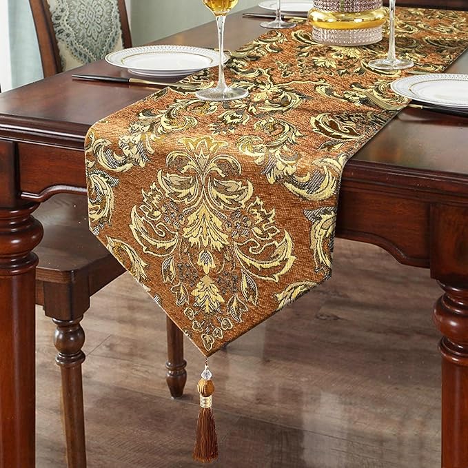 Gradient Sparkling Table Runner 120 inches Long Luxury Vintage Embroidered Caramel