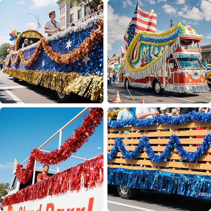 4 Pack Gold Total 40 Feet Foil Fringe Garland Metallic Tinsel Banner Wall Hanging Drapes Parade Float Skirting Decorations for Trailer Mardi Gras Party Birthday Wedding Baby Shower