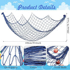 Marsui 11 Pcs Wooden Nautical Wall Decor Fishing Net Decoration, Include Decorative Fishing Net, Ship wheel, Fish Skeleton, Life Ring, Anchor, Starfish Beach Decor for Mediterranean Party (Retro Red)