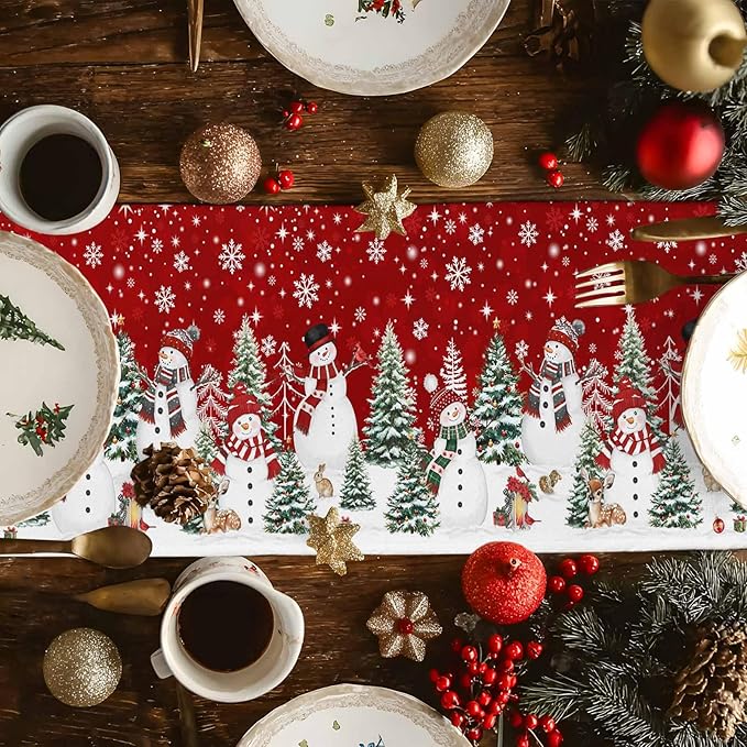 Christmas Snowman Cotton Linen Table Runner for Dining Kitchen, Xmas Tree White Snowflakes Winter Wedding Outdoor Party Tablerunners Decoration, Dresser Scarf Coffee Tablecloth Runners 13x36 Inches