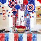 4 Pack 29x108 Inch Metallic Foil Fringe Tinsel Table Skirts for Rectangle Tables Streamer Backdrop for Wedding, Birthday, Parade Floats, Christmas, Halloween Party Decoration(White Blue Red)