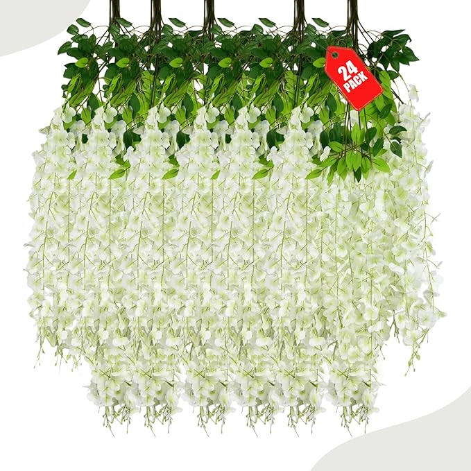 24 Pack Green White Wisteria Hanging Flowers, 3.4 Ft Fake Hanging Flowers, Artificial Wisteria Garland Vines for Wedding Room Backdrop Outdoor Patio Garden Decoration