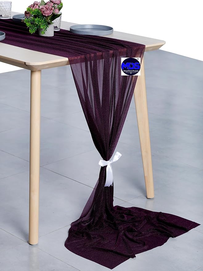 MDS 25 Pack 10ft Chiffon Table Runner 29 x 120 Inches Sheer Wedding Runner Romantic Rustic Table Runner for Wedding Decorations, Birthday Parties, Bridal Shower Party Arch Decor - Eggplant