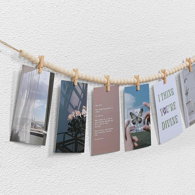 Hanging Photo Display with Clips, Boho Wooden Bead Garland Collage Picture Frame Wall Decor, Photo String with 10 Clips for Bedroom Room Dorm Cubicle Decor, Christmas Teen Girls Gifts, 3 Pack