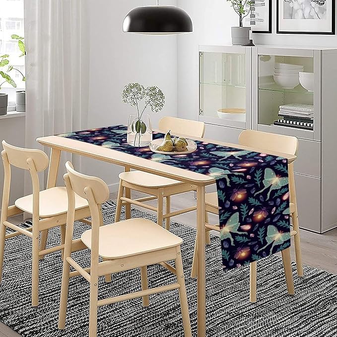 Moth Table Runner, Retro Boho Aesthetic Blue Moth Magic Table Runner for Home Kitchen Dining Party Indoor Outdoor Decoration 13x60 Inch