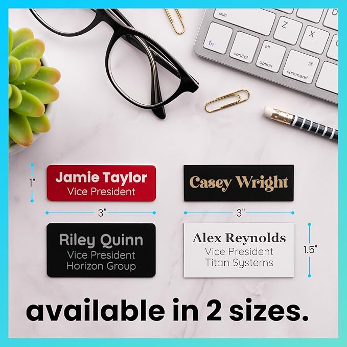 ExcelMark Custom Name Tag - Engraved Name Badge with Pin or Magnetic Backing, 16 Colors, 6 Fonts, and 2 Sizes to Choose from (Blue w/White Letters, 1"x 3")