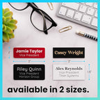 ExcelMark Custom Name Tag - Engraved Name Badge with Pin or Magnetic Backing, 16 Colors, 6 Fonts, and 2 Sizes to Choose from (Silver w/Black Letters, 1.5"x 3")