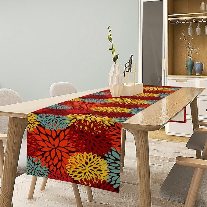 Red Yellow Dahlia Table Runner, Seasonal Autumn Thanksgiving Pattern Print for Home Kitchen Table Decor Dining Coffee Room Party Decor 13x108 Inch