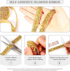 Rhinestone Ribbon 3 Yards Self Adhesive Rhinestone Strips Diamond Ribbon Sticker Crystal Roll Glitter Bling Rhinestones Tape for Crafting DIY Art Decoration (Gold,0.6 Inch)