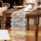 HAIBAS 6 Pcs White Lace Table Runners 14 x 120 Inch Boho Rose Embroidered Floral Vintage Rustic Table Decoration for Wedding Party Bridal Shower Decorations