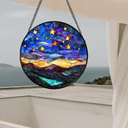 Stained Glass Window Hanging, Blue Sky Gold Stars Abstract Landscape Suncatcher for Doors Window Home Sun Catchers Decor Mother's Day Birthday Gifts for Women, Men Mom 11.8 in