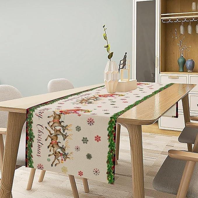 Christmas Table Runner,Xmas Deer Cute Santa Claus Red Plaid Pattern Printed Tablecloth Burlap for Hotel Indoors Outdoor Dining Room Kitchen Home Decor,W13X L70 in