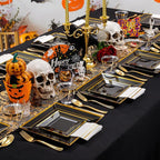 Festiva 350Pcs Black and Gold Plastic Plates-50Guests Disposable Square Black Dinnerware Set include 100 Plastic Plates,50Cups,150Plastic Cutlery,50Napkins for Halloween Party &Wedding&New Year