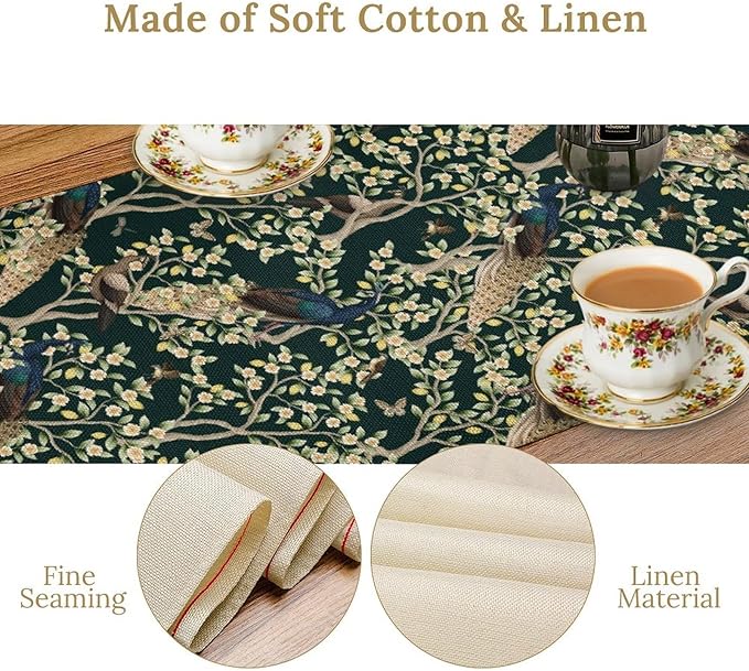 Peacock Table Runner,Retro Floral Plants Peacock Table Runner for Home Kitchen Dining Party Indoor Outdoor Decoration 13x120 Inch