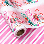 LeZakaa Christmas Pink Wrapping Paper Mini Roll for Kids, Playful Elf Cane Candy, Pink White Candy Stripes Sweet Snowy Reversible Design, 17 inches x 32.8 Feet