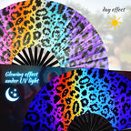SYNTECSO Folding Hand Fan for Rave, Popping Fan for Line Dancing, Drag Queen, Women and Men Gift，Chinese Japanese UV Glow Clack Fan for Parties, Music Festivals, EDM and Decoration