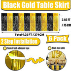 6 Pack 29x108 Inch Black Gold Metallic Foil Fringe Tinsel Table Skirts for Rectangle Tables Streamer Curtains Backdrop for Wedding, Parade Floats, Valentine's Day Birthday Graduation Party Decoration