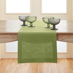 Solino Home Linen Moss Green Table Runner 144 Inches Long - 100% Pure Linen Extra Long Table Runner 14 x 144 Inch for Fall, Autumn, Thanksgiving - Classic Hemstitch