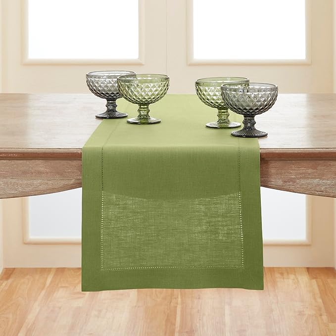 Solino Home Linen Moss Green Table Runner 144 Inches Long - 100% Pure Linen Extra Long Table Runner 14 x 144 Inch for Fall, Autumn, Thanksgiving - Classic Hemstitch