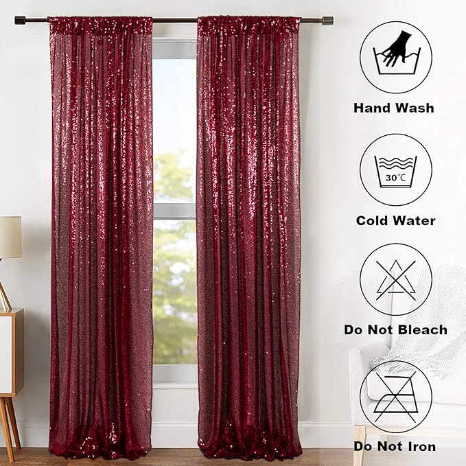 ShinyBeauty Sequin Curtains 2 Panels Burgundy 2FTx8FT Sequin Photo Backdrop Burgundy Sequin Backdrop Curtain Pack of 2-190222E