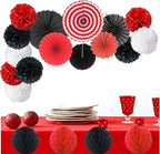 Hanging Paper Fan Set, Tissue Paper Pom Poms Flower Fan and Honeycomb Balls for Birthday Baby Shower Wedding Festival Decorations - Red Black and White