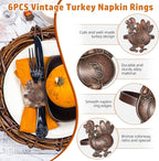 Halatool Thanksgiving Bronze Turkey Napkin Rings Set of 6, Funny Metal Festival Napkin Holders for Thanksgiving Weddings Holidays Gathering Dinner Party Decorations