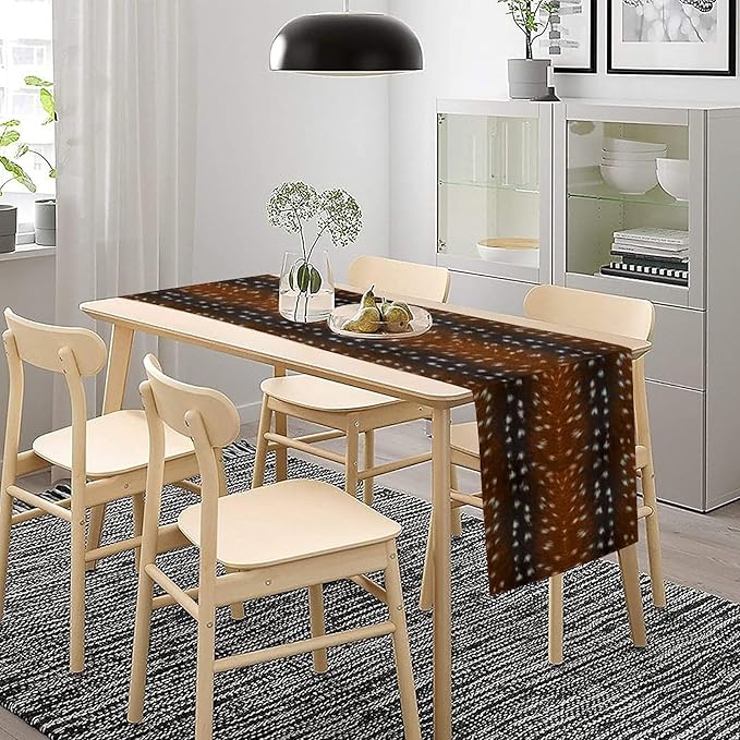 Deer Skin Table Runner Brown Fur Runner Black White Elk Deer Print Fur Western Print Cotton Linen Cottage Dinner Table Runners for Dining Room Kitchen Table Setting, 13x120 Inch