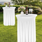Fivenl 2 Pack Spandex Cocktail Table Skirt 32"x 43" White Stretch Cocktail Table Cover, Washable Round High Top Tablecloth for Bar, Wedding, Party, Events (White)