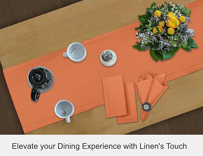 Ruvanti Linen Table Runner 90 Inches, Classic Hemstitch, Washable, Reusable, Non-Slipping, Stain Resistant- Perfect for Parties, Weddings, Dinners, Thanksgiving, Christmas, Indoor use – Orange