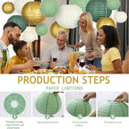 ADLKGG Sage Green Gold Paper Lanterns Decorative, Round Hanging Paper Lanterns for Graduation Wedding Bridal Shower Birthday Party Neutral Baby Shower Decorations, 21pcs