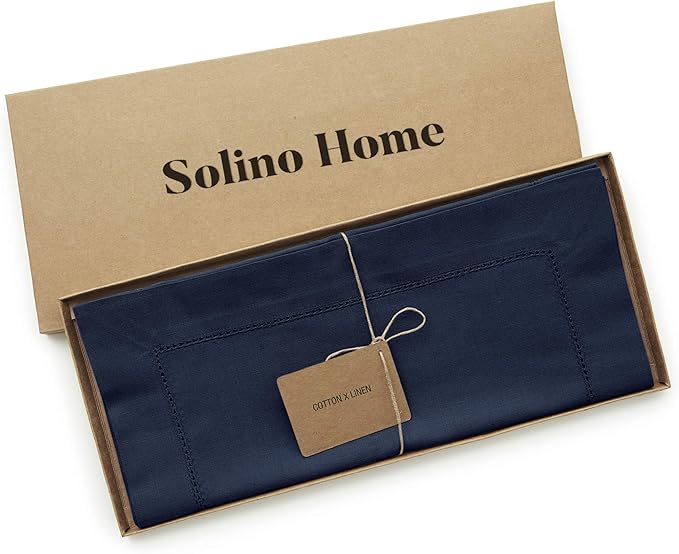 Solino Home Navy Blue Table Runner 48 Inches - Cotton Linen Hemstitch Coffee Table Runner 14 x 48 Inch Ideal for Dresser Tables - Fall, Autumn, Halloween, Thanksgiving, Christmas, Holiday