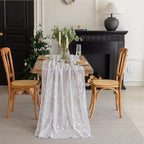 Silvery Snowflake Metallic Print Tulle Christmas Table Runner, Seasonal Winter Kitchen Dining Table Decoration for Home Party Decor 35x120 Inch(Off White)