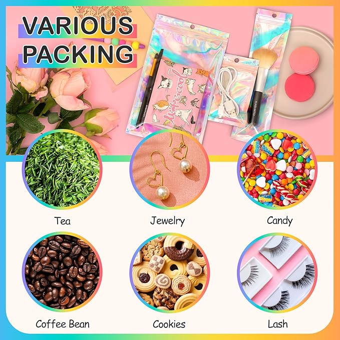 Funfery 50 Pcs Smell Proof Holographic Resealable Bags,6.3x9.4in Clear Window,Mylar Foil Baggie with Zipper,Sealing Pouch Packaging Bag for Food Storage,Candy,Party Favor Sample Business Supplies