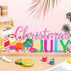 Christmas in July Metal Sign Rustic Table Decor Holiday Tiered Tray Decor with Wooden Base Freestanding Metal Word Sign for Home Tabletop Centerpiece Mantel Shelf Fireplace