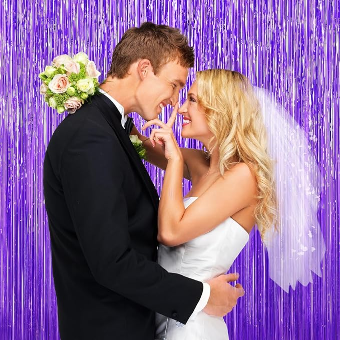 Purple Foil Curtain Backdrop, 2Pack Metallic Tinsel Foil Fringe Curtains Photo Booth Props for Birthday Wedding Engagement Bachelorette Baby Shower Christmas Holiday Celebration Party Decorations