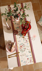 patdrea Designer Idyll Linen Table Runner, Vintage Beige Farmhouse with Ancient Spring Figure and Fruit Trees Pattern Table Mat, Decoration for Kitchen Dining Banquet Christmas ,12"*71"