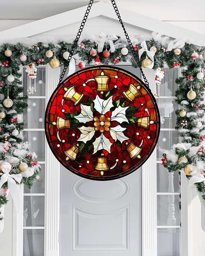 Stained Glass Window Hanging - Golden Bells Flowers Suncatcher for Doors Home Christmas Decoration Winter Sun Catcher Thanksgiving New Year Birthday Gift for Friend Women Men Mom Nana 15 in