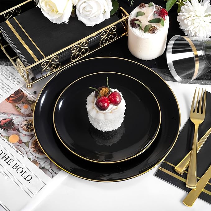 NOCCUR 350PCS Black and Gold Plastic Plates - Black Disposable Dinnerware Set for 50 Guests, 100 Dinner/Dessert Plates, 150 Gold Silverware, 50 Cups&50 Napkins for Party/Birthday/Halloween/NewYear