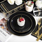 NOCCUR 350PCS Black and Gold Plastic Plates - Black Disposable Dinnerware Set for 50 Guests, 100 Dinner/Dessert Plates, 150 Gold Silverware, 50 Cups&50 Napkins for Party/Birthday/Halloween/NewYear