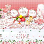 452 Pcs Pink Floral Baby Shower Party Supplies Include It's a Girl Baby Shower Paper Plates Cups Napkins Tablecloth Cutlery Straws for Pink Flower Girl Gender Reveal Birthday Party
