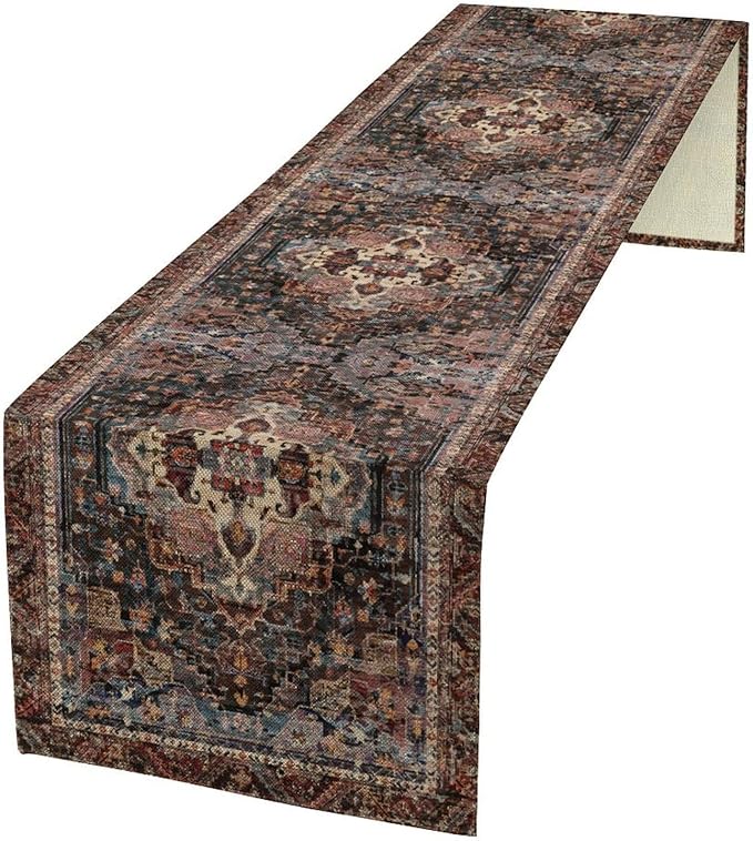 Vintage Boho Floral Table Runner, Rustic Country Farmhouse Black Bohemia Flower Pattern for Home Kitchen Table Decor Dining Coffee Room Party Decor 13x36in
