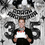 35th Birthday Decorations for Men Women, Black Silver Happy Birthday Party Decorations， 35 Year Old Party Supplies with Number 35 Balloons, Banner, Fringe Curtains Kit