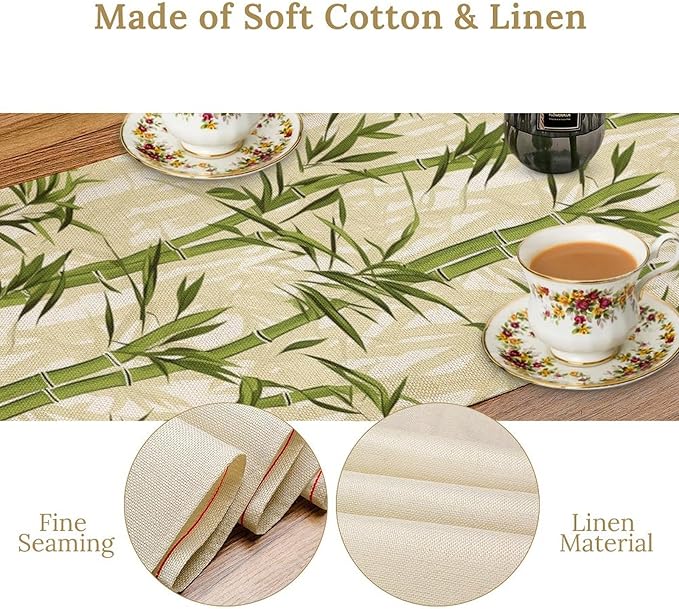 Bamboo Table Runner,Green Plant Leaf Pattern Table Cloth Kitchen Dining Table Home Party Decoration 13x60 Inch