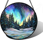 Stained Glass Window Hanging, Aurora Landscape Sun Catchers Glass Panel Green Trees Suncatcher Decor for Birthday for Women, Men, Wife, Aunt, and Mom 7.8 in