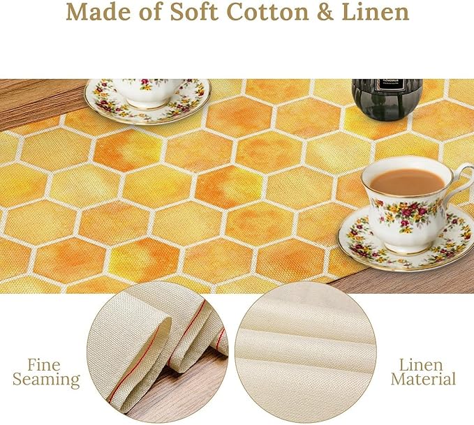 Honeycomb Bee Table Runner, Cute Abstract Geometric Yellow Honeycombs Print Table Cover for Kitchen Dining Table Indoor Outdoor Party Decor, 13x90inch