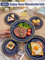 350PCS Blue and Gold Plastic Plates - Navy Blue Plastic Plates with Rolled Napkins - Include 25 Dinner Plate 10’’, 25 Dessert Plate 7’’, 25 gold Cups 9 OZ, 25 Pre Rolled Napkins for Party/Wedding